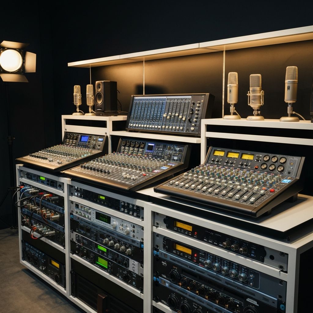 Professional audio recording equipment including microphones, mixing boards and amplifiers on display
