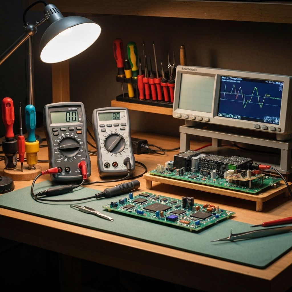 Electronics repair workshop bench with precision tools, soldering iron, multimeter and circuit boards